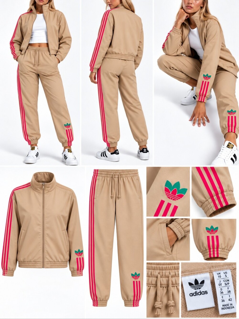Adidas Women’s Trace Khaki Pink Multicolor Track Jacket Pants Tracksuit Size S